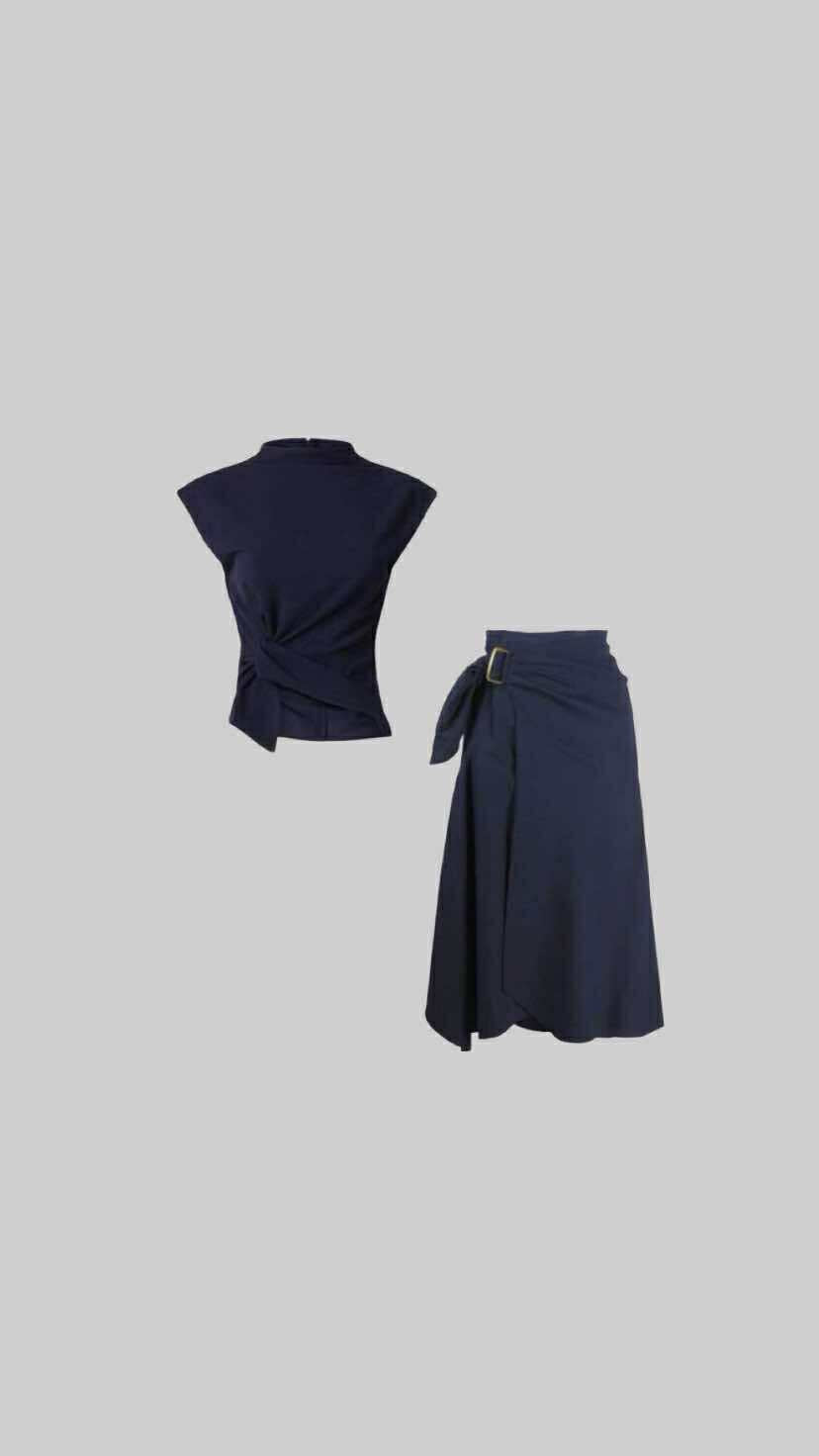Navy Blue Asymmetric Top & Wrap Skirt Set