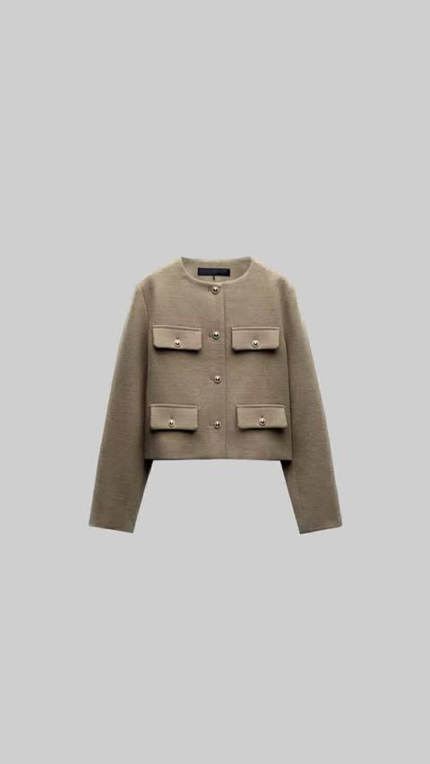 Cropped Button-Up Jacket with Flap Pockets