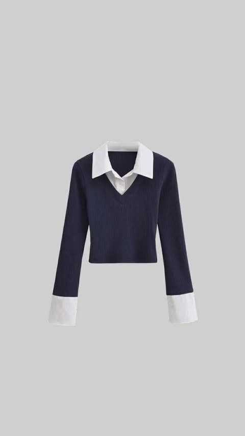 Contrast Collar Ribbed Knit Shirt