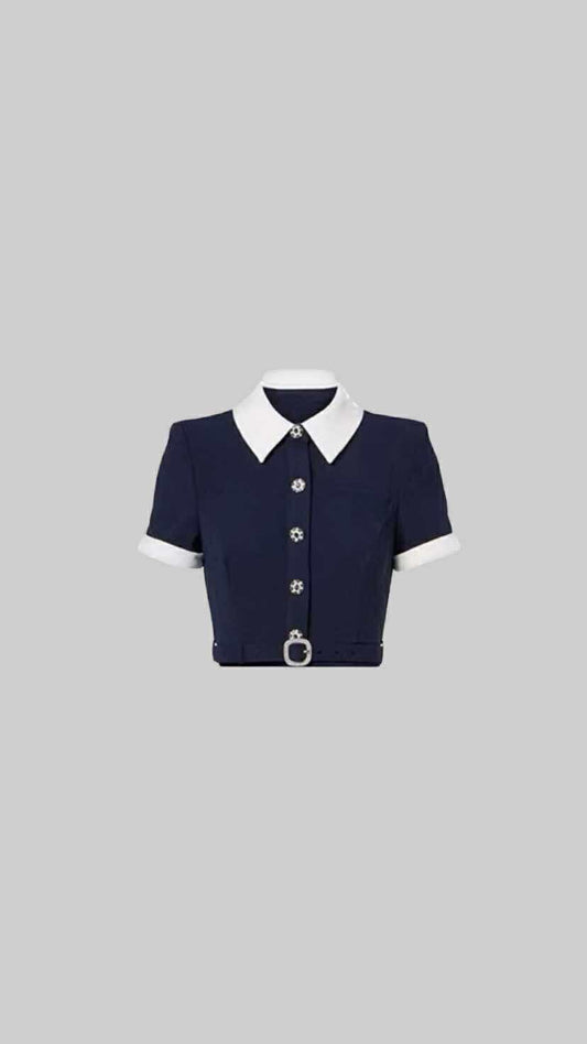 Navy Blue Cropped Button-Up Shirt with White Collar