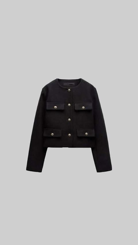 Cropped Button-Up Jacket with Flap Pockets