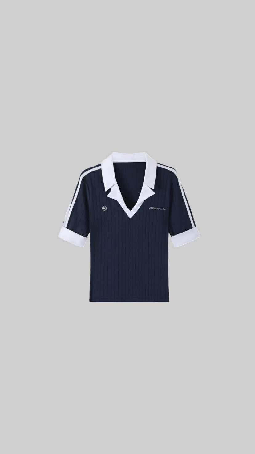 Contrast Collar Ribbed Knit Polo Shirt