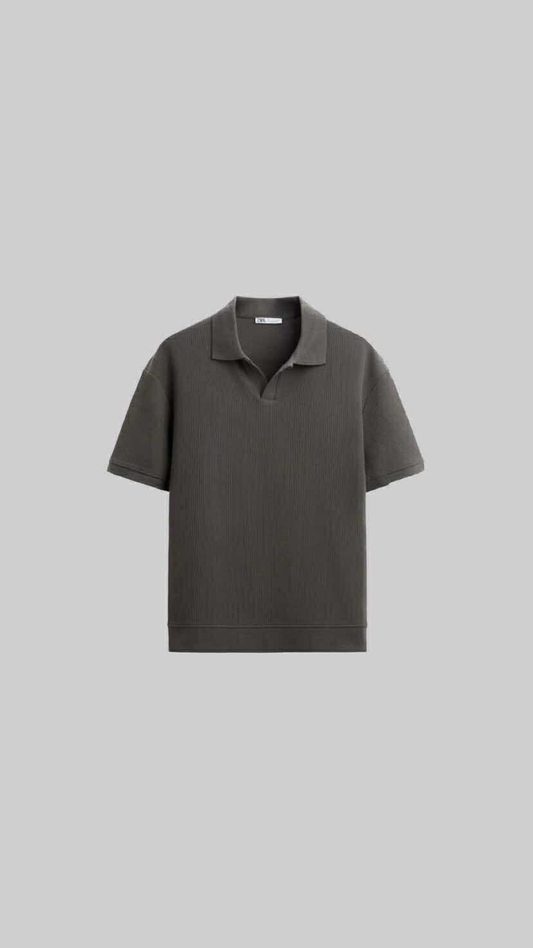 Ribbed Knit Polo – Deep Grey Sophistication