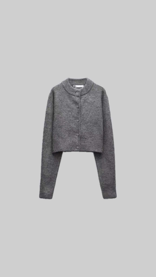 Cropped Wool-Blend Button Cardigan – Charcoal Grey